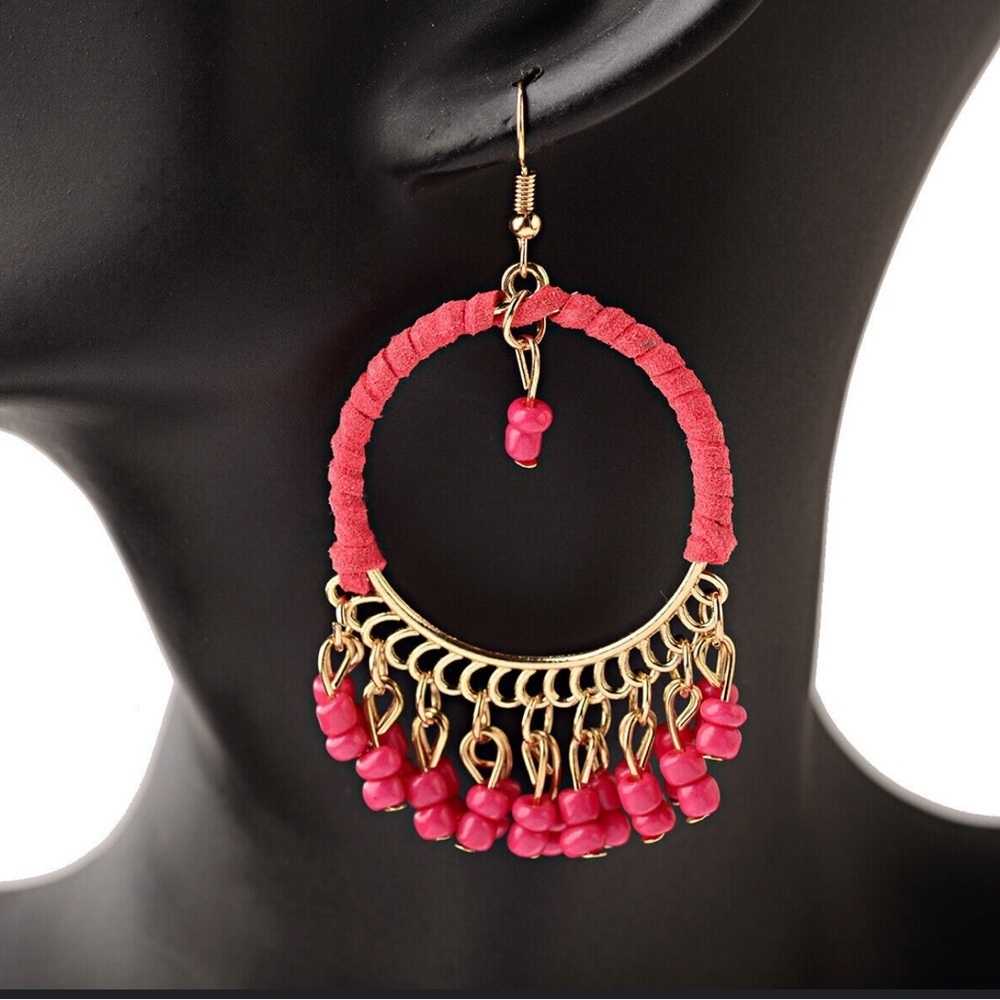 Boho Chic Thread Wrapped Hoop Earrings - Beaded Fringe Earrings -